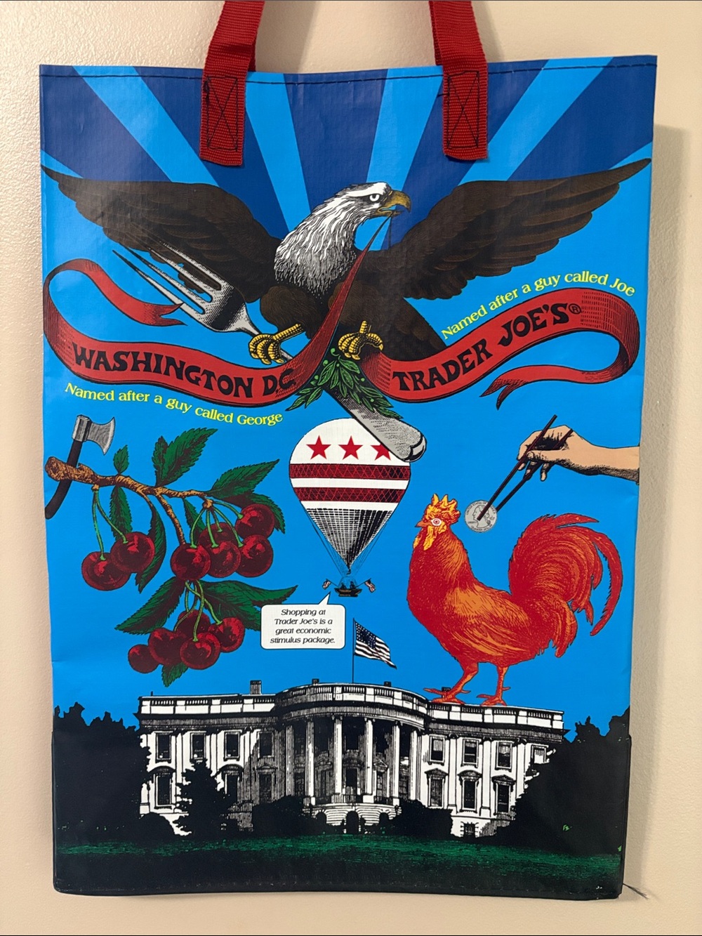 Trader Joe's Washington DC Grocery Reusable Tote - Blue with Red Rooster NWT